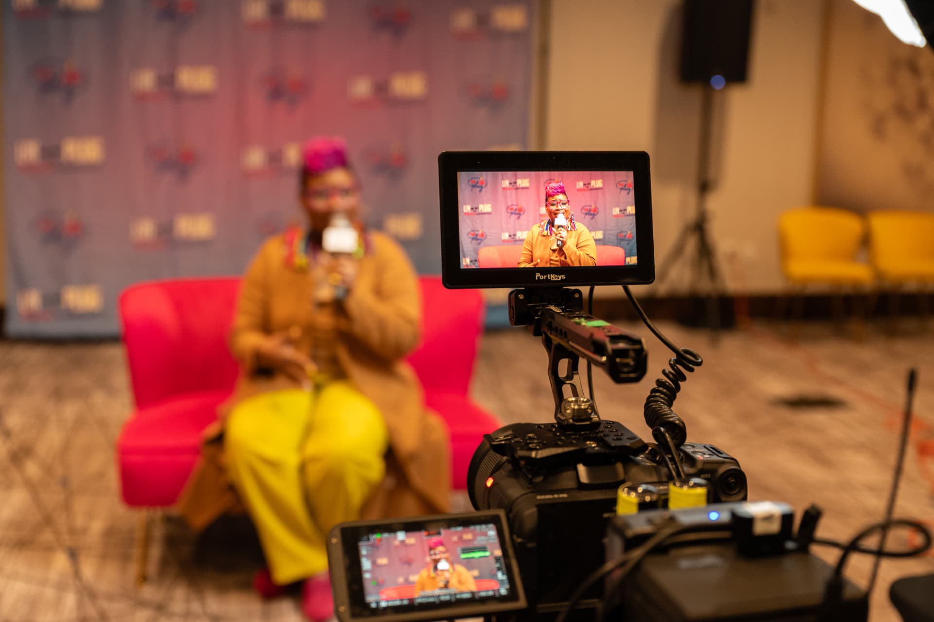 LaShawn framed on a camera monitor during an interview